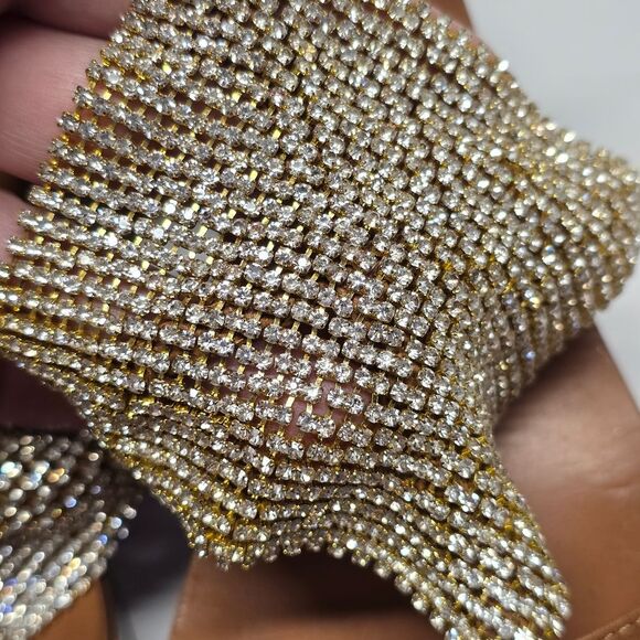 Lola Cruz Tan Leather Crystal Embellished Mesh T-Strap Wedged Sandals Women's 7 - Picture 3 of 9